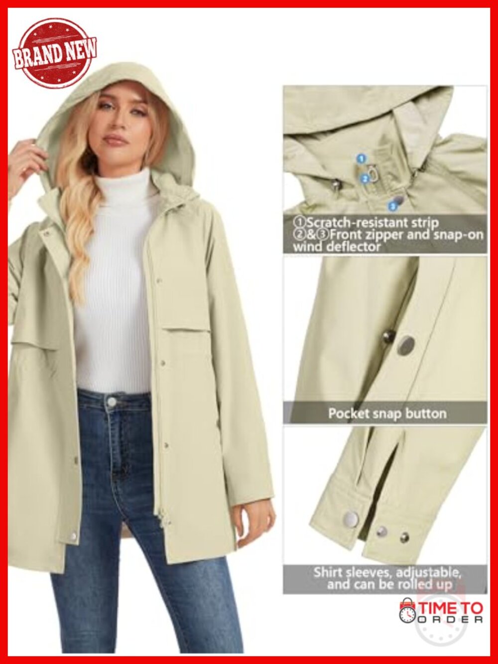 Women's Removable Hood Rain Jacket Waterproof Windbreaker 3-Layer PU Outdoor - Picture 5 of 6